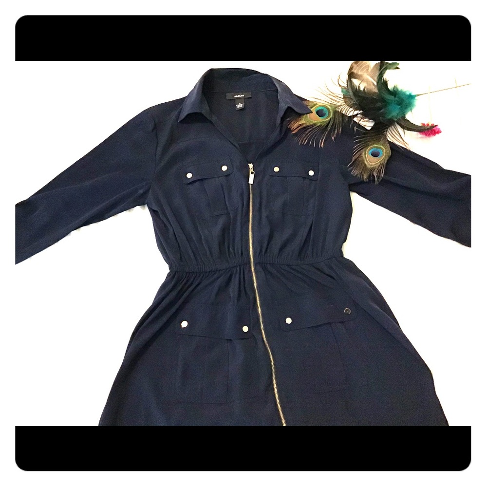 Full zip front navy midi dress